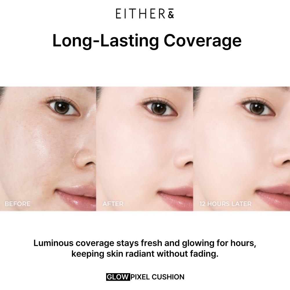 EITHER& Glow Pixel Cushion Foundation, Glowy Skincare, Korean Makeup, Natural Coverage, Moisturizing, Lightweight, Long Lasting Coverage for Flawless Skin (34N Acorn)