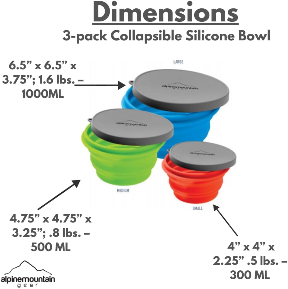 Collapsible Silicone Bowl 3 Pack for Camping and Backpacking - Camping Dishware Gear Essentials in Small/Medium/Large (Made by Caddis Sports)