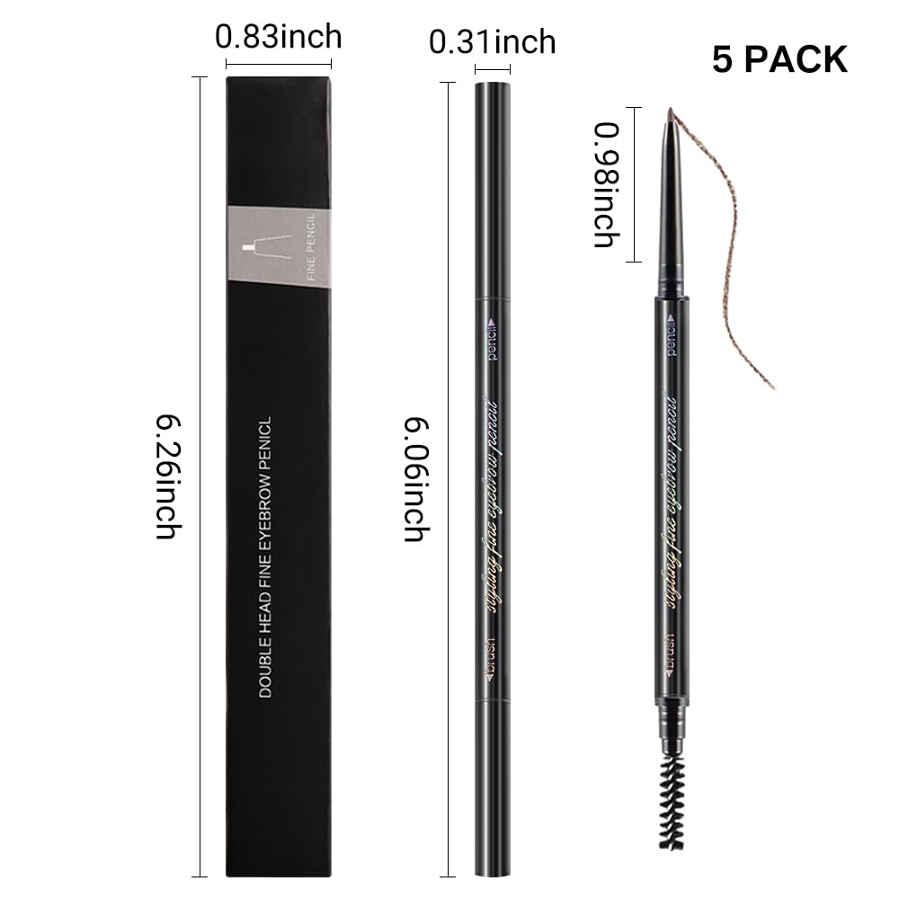 5 Pcs Waterproof Dual-Sided Fine Tip Eye Brow Pencils Pack,Ultra-Fine Mechanical Precise Pencil,Draws Tiny Brow Hairs, Defines, Fills Eyebrows, Shapes, Contours, Combs,1mm Pen Point (Pack of 5)-Tea