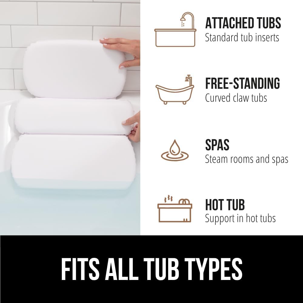 GORILLA GRIP Bath Pillow for Tub, Improved Suction Cups, Luxury Bathtub Pillows, Headrest for Neck and Back Support, Relaxing Home Spa, Hot Tubs and Bathroom Essentials, Gifts for Women, 3 Panel White