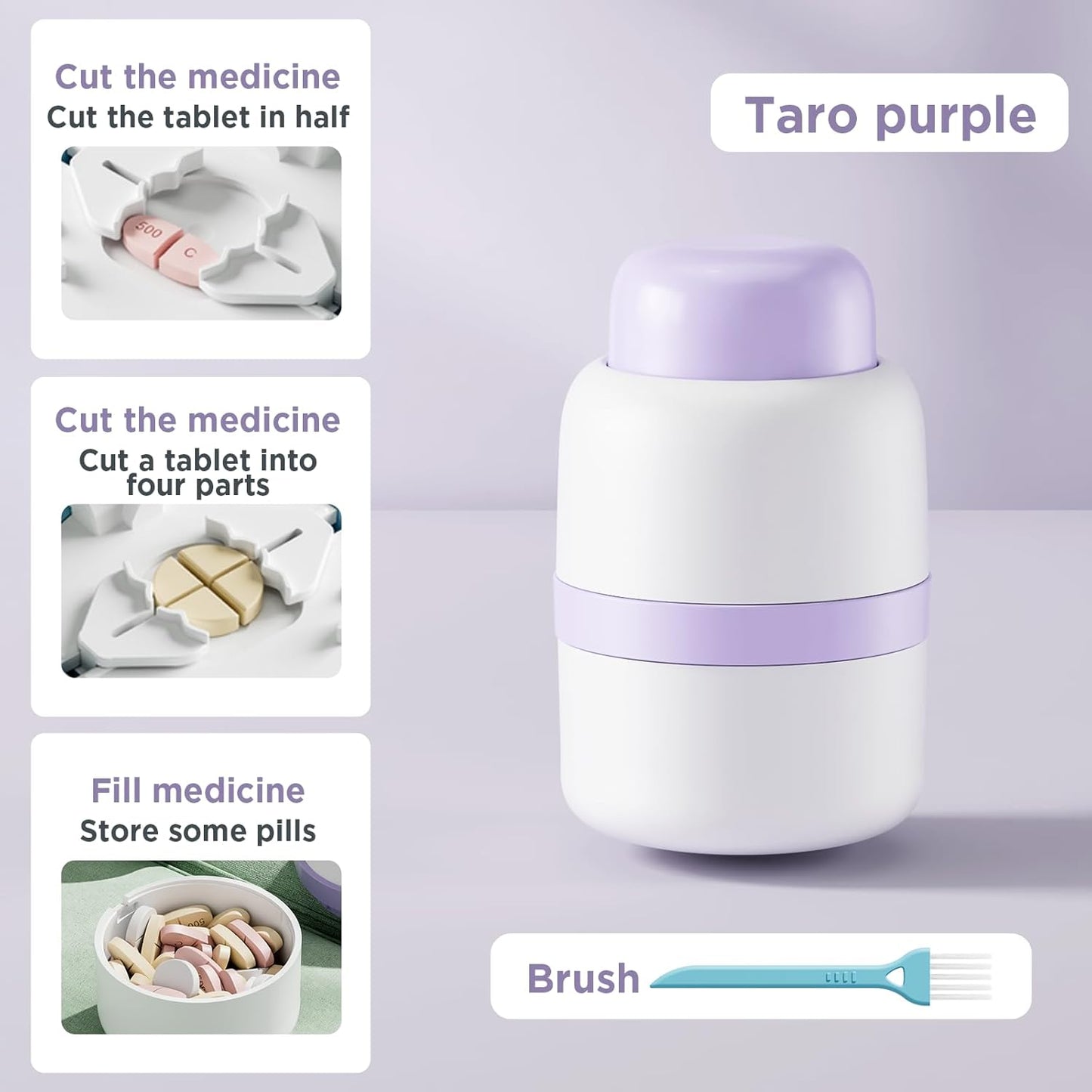 Pill Cutter - Pill Splitter with Stainless Steel Blade for Cutting Small Pills or Large Pills in one Fourth, Pill Cutter 1/4, Suitable for Cuting Vitamins, Tablets (1-4 Purple)