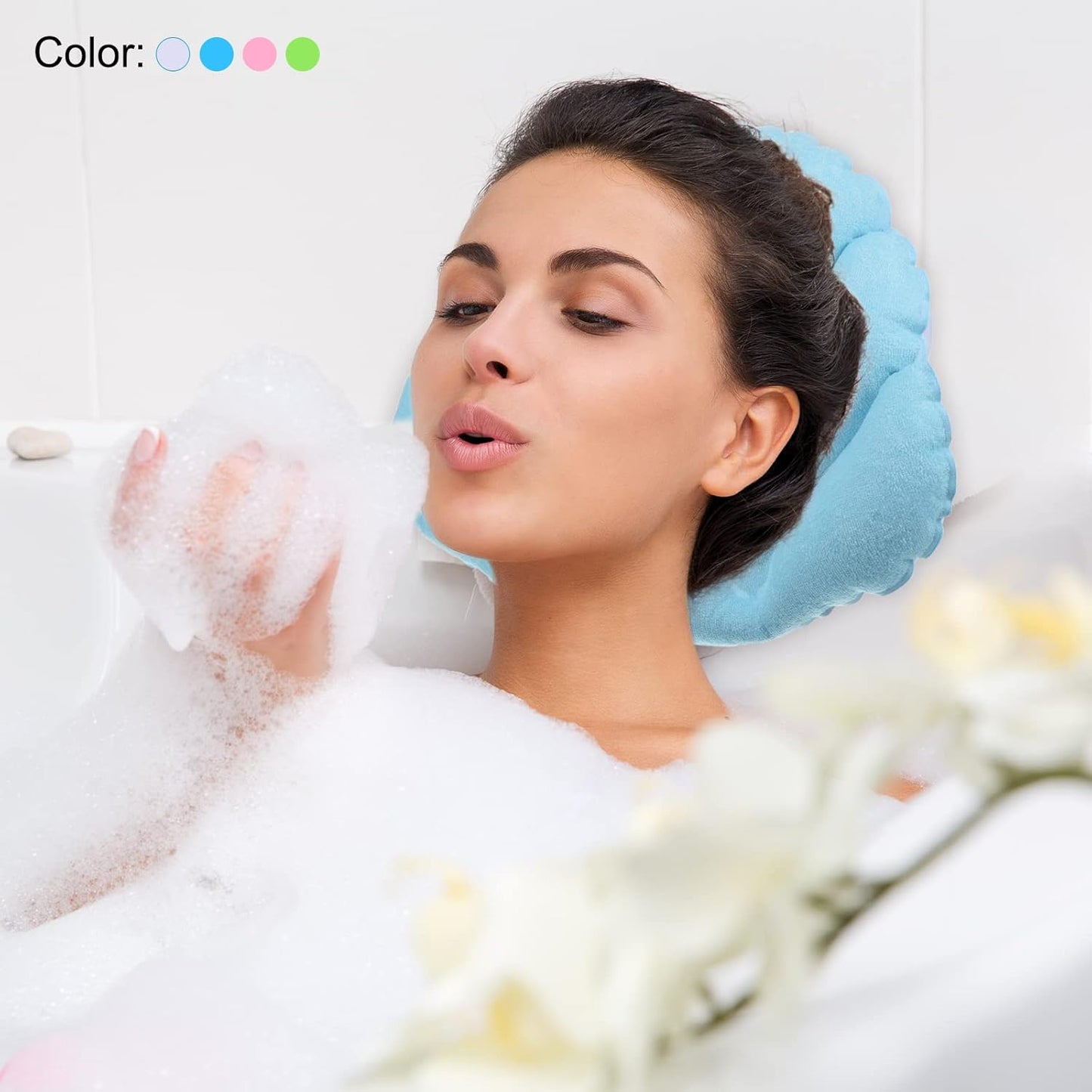 PATIKIL Inflatable Bath Pillow with Suction Cups, 2 Pack Terry Cloth Covered Shell Shape Bathtub Spa Pillow Neck Support for Bathtub Hot Tub, Pink