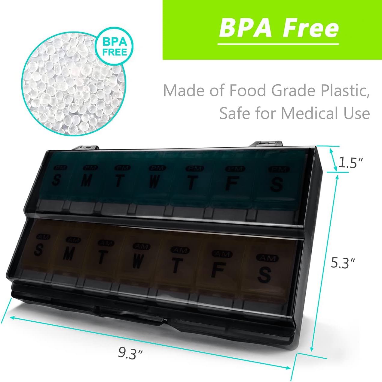 Extra Large Weekly Pill Organizer 2 Times a Day - Remtise Am/Pm Daily Pill Case Medicine Organizer, Push Button 7 Day Pill Box for Pills/Vitamin/Cod Liver Oil/Supplements (Cyan & Yellow)