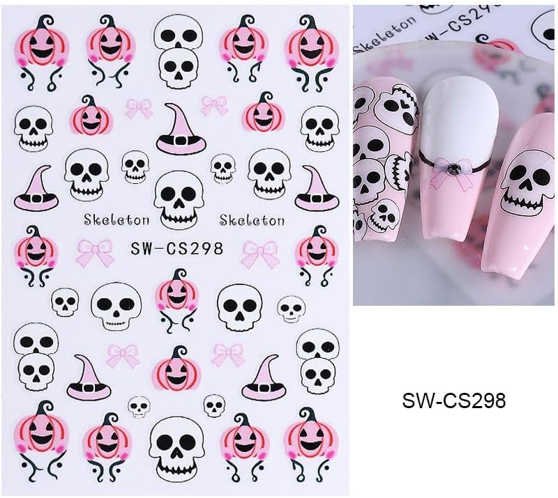 Halloween Nails Stickers Black Bat Nails Sticker 3D Embossed Pink Bats Self Adhesive Sticker Nail Decals Cute White Ghost Nail Art Decals Halloween Decals for Nail DIY Manicure 4Sheet