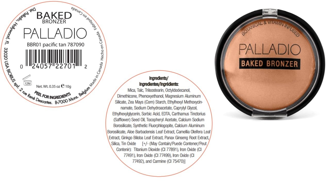 Palladio Baked Bronzer, Highly Pigmented and Easy to Blend, Shimmery Bronzed Glow, Use Dry or Wet, Lasts all day long, Provides Rich Tanning Color Finish, Powder Compact, Pacific Tan