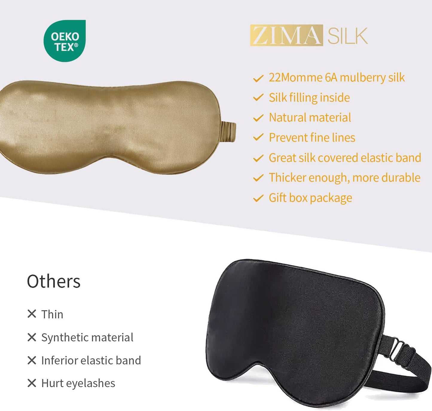 ZIMASILK Adjustable 100% 22 Momme Mulberry Silk Sleep Mask for Sleeping, Filled with Premium Mulberry Silk, Softest & Breathable Eye Sleeping Mask (Golden)