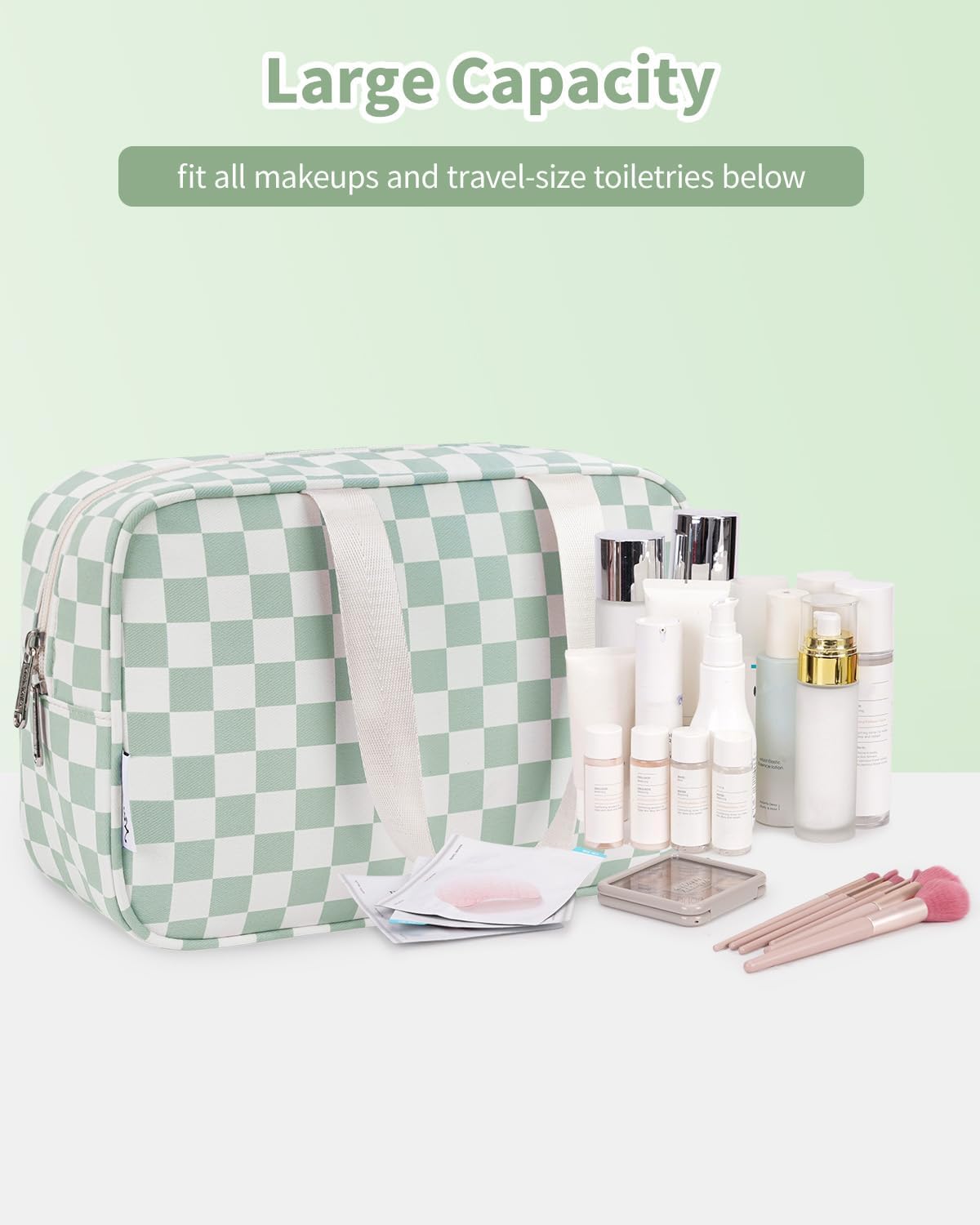 Narwey Large Checkered Travel Toiletry Bag Women Toiletries Bag Skincare Bag Makeup Bag with Handle Make up bag Organizer Cosmetic Bag Medicine Bag for Girls (Mint Green Checkerboard, Large)