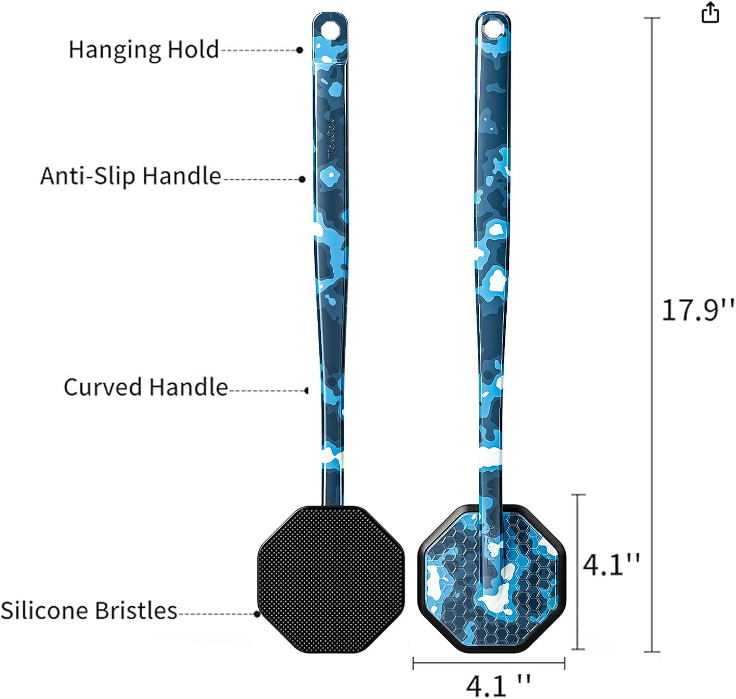 iTokGoK® Platinum Camo Blue Pattern Silicone Back Scrubber with Long Handle Back Brush for Shower,Silver-Infused Back Scrubber for Men and Women (Camo Blue)