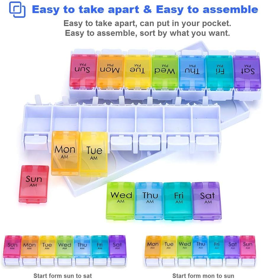 7 Day AM PM Pill Organizer, Moisture-Proof Design and Large Compartments to Hold Vitamins,Fish Oil,Supplements, Weekly Pill Box/Cases, Daily Medicine Dispenser (14 Compartments No Alarm)