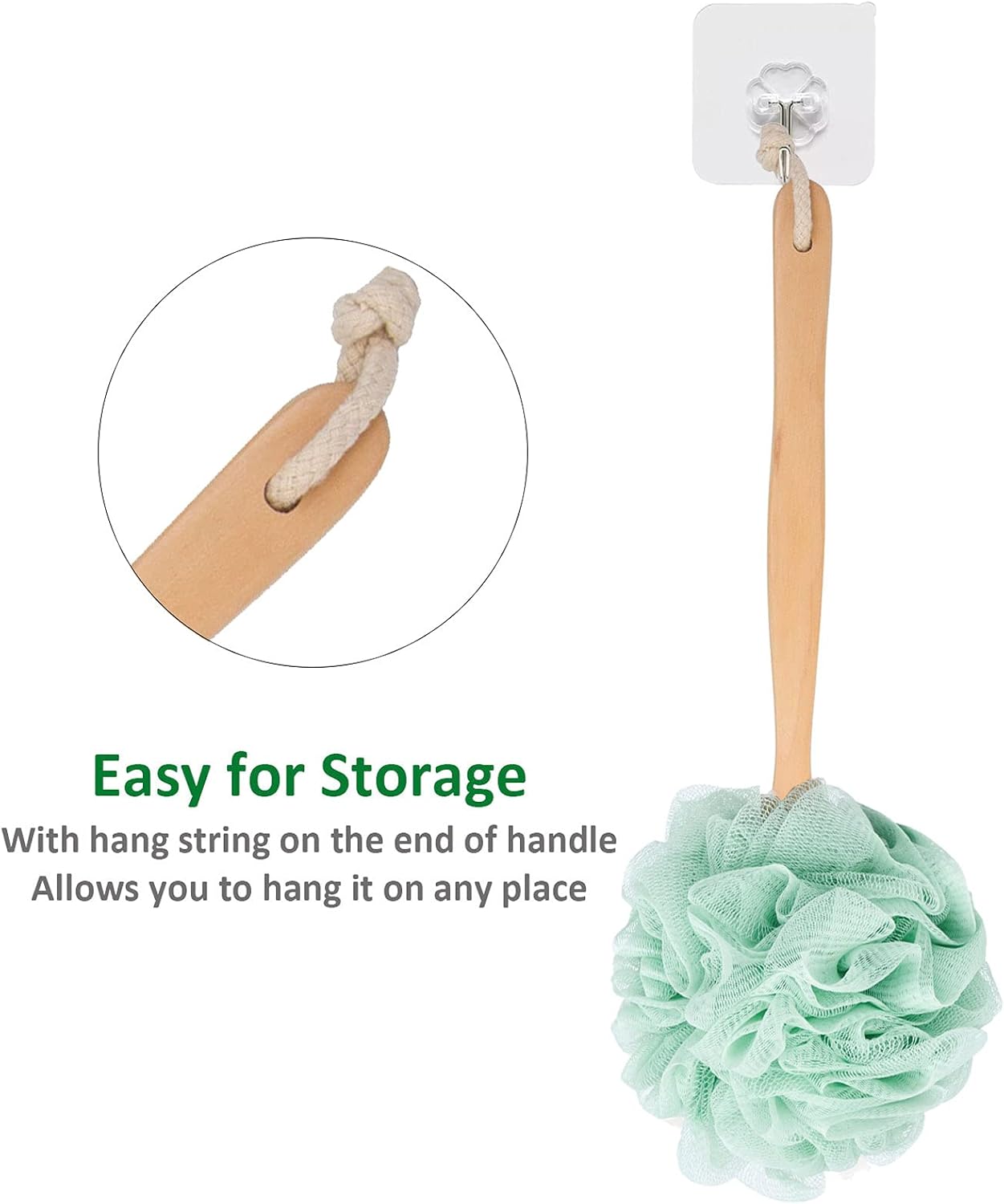 Loofah Sponge Back Scrubber, Wooden Long Handle Bath Sponge Lufa Shower Brush, Soft Nylon Mesh Back Cleaner Washer, Men & Women Exfoliating Luffa Pouf on a Stick for Body (Green)