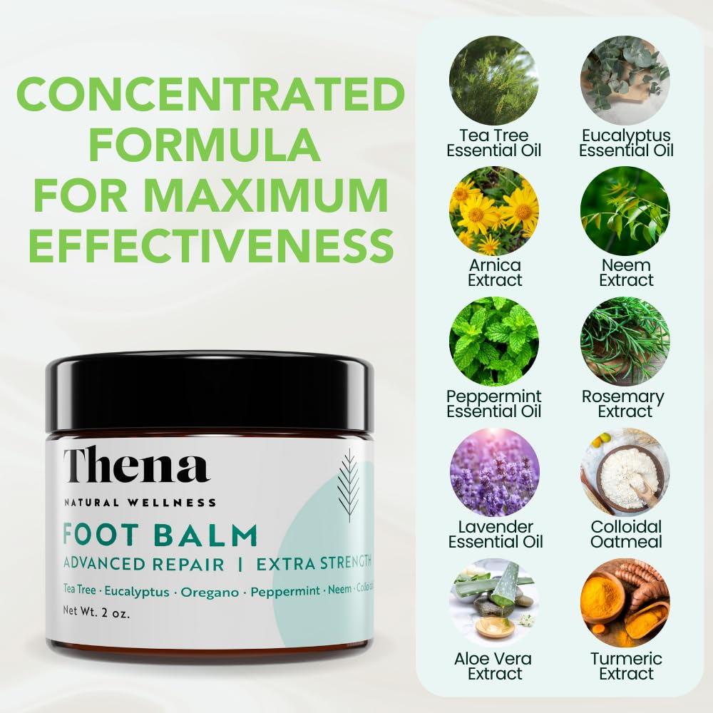 THENA Athlete’s Foot Treatment Balm Extra Strength with Tea Tree Peppermint Neem, Powerful Natural Anti-Itch Foot & Skin Cream Soothes & Relieves Itchy, Dry, Cracked Feet, Heels, Toenails, Jock Itch