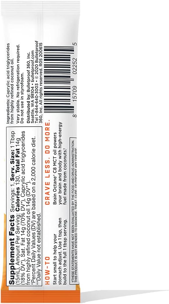 Bulletproof Brain Octane C8 MCT Oil Packets, Pack of 15, Keto Supplement for Sustained Energy