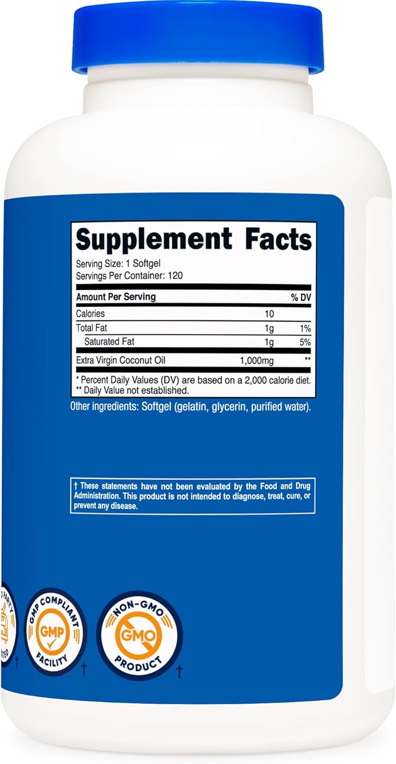 Nutricost Coconut Oil Softgels (1000mg) 120 Softgels - Extra Virgin Coconut Oil - Gluten Free and Non-GMO