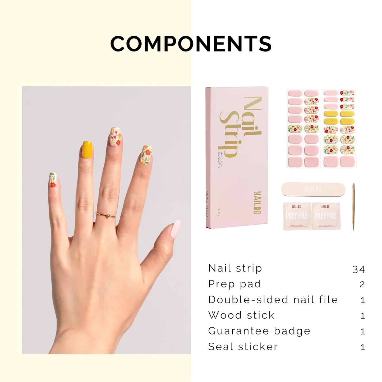 Nailog Semi Cured Gel Nail Strips 34 pcs | Long Lasting Nail Polish Sticker Wraps with Glossy Gel Finish | Idyll