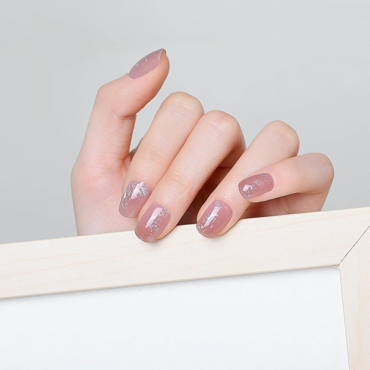 WOKOTO 1 Sheet Semi Cured Gel Nail Strips With Wood Stick, Nail File & Prepared Pads, 20 Tips Light Pink With Glitter Semi Cured Nail Polish Strips, Harden With UV Light Gel Nail Stickers For Women