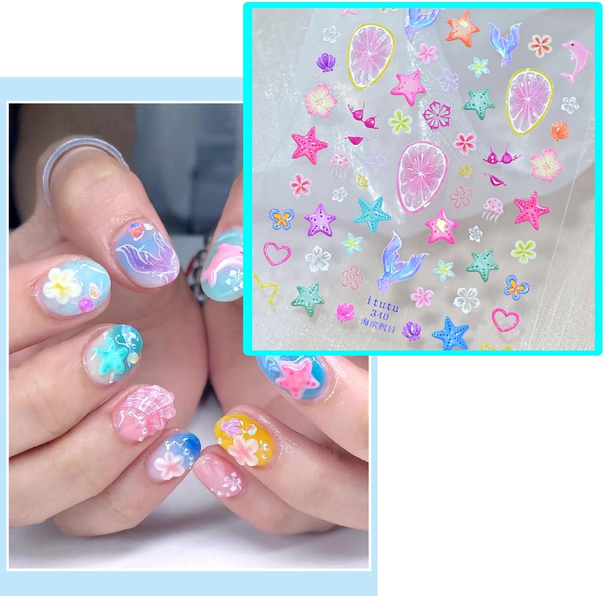 Summer Nail Stickers Ocean Shell Jellyfish Mermaid Nail Art Stickers 5D Embossed Nails Design Flowers Fruit Grapefruit Starfish Nail Decal for Women DIY Nail Decorations 1Sheets