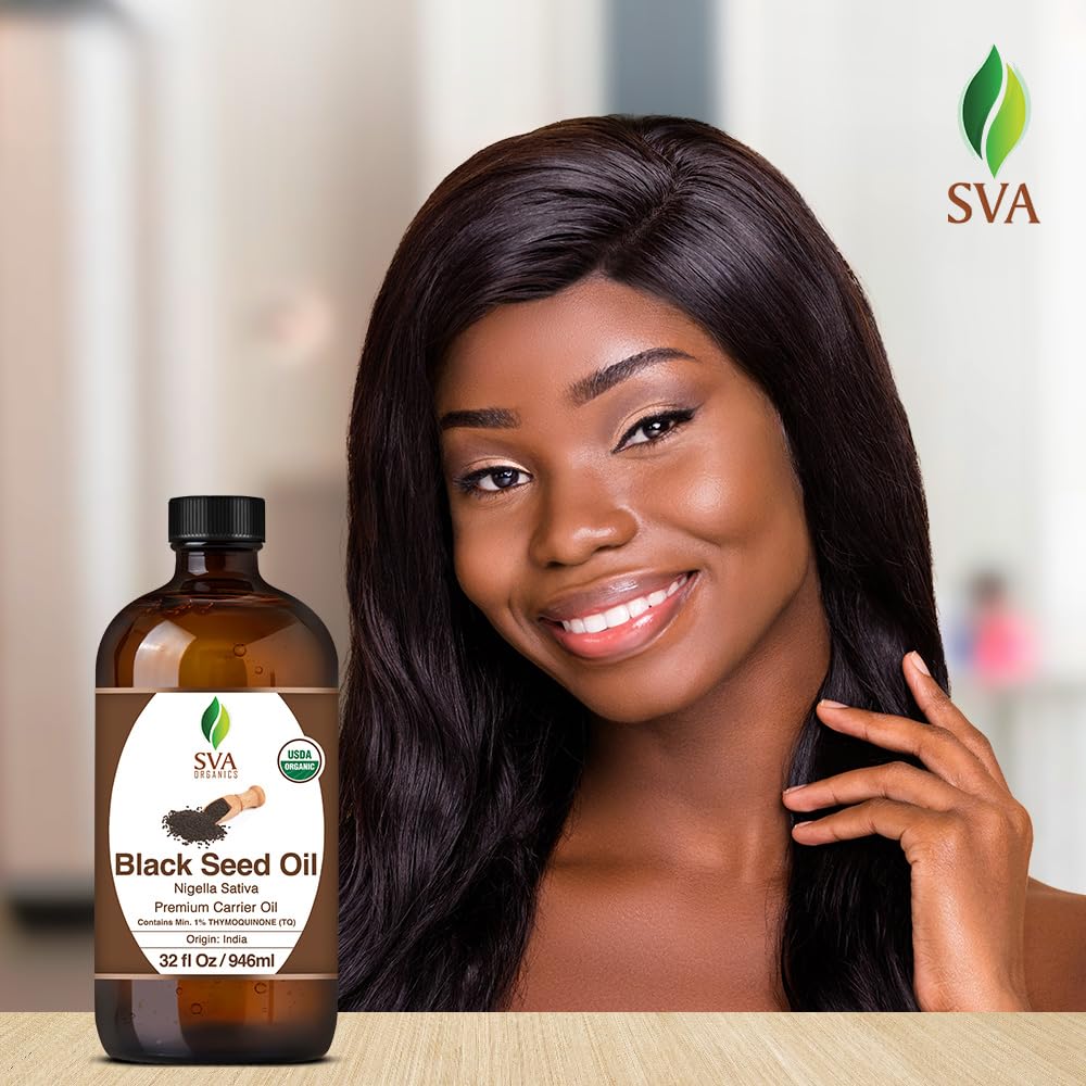 SVA Black Seed Oil Organic - 32 Fl Oz – 100% Natural Cold Pressed Organic Black Seed Oil - for Face, Skin Care, Hair Care, Scalp Massage & Body Massage – Carrier Oil