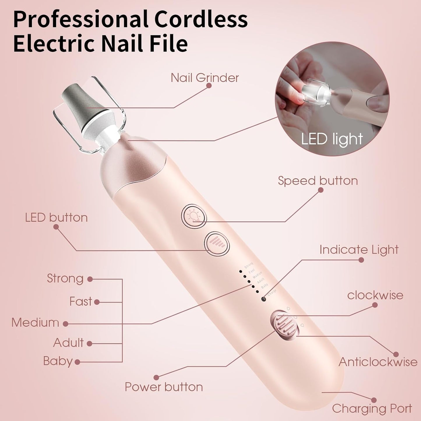 Professional Manicure Pedicure Kit, Cordless Electric Nail File Set, Rechargeable Pedicure Tools for feet, 5 Speeds Hand Foot Care Nail Drill for Thick Nail Toenail Cuticle Women Men Baby Pets-Rose