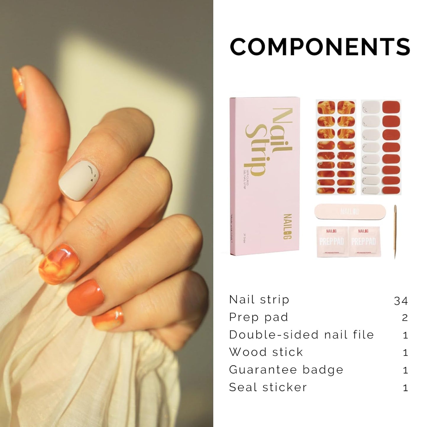 NAILOG Semi Cured Gel Strips - 34 Pcs Nail Stickers Buy 2 Get 1 UV Light | Long Lasting Wraps With Glossy Gel Finish Reddish Brown, Milk Tea