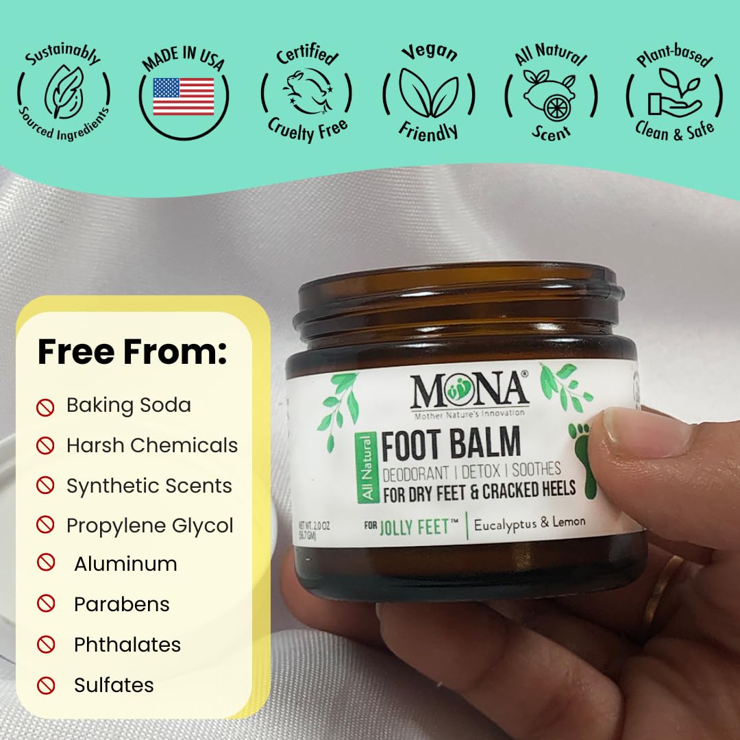 MONA Natural Foot Balm for Dry Cracked Feet & Heels | Moisturizing Foot Cream for Athletes | Callous Repair & Foot Odor Treatment (Eucalyptus & Lemon, 2.0 Oz (Pack of 1))
