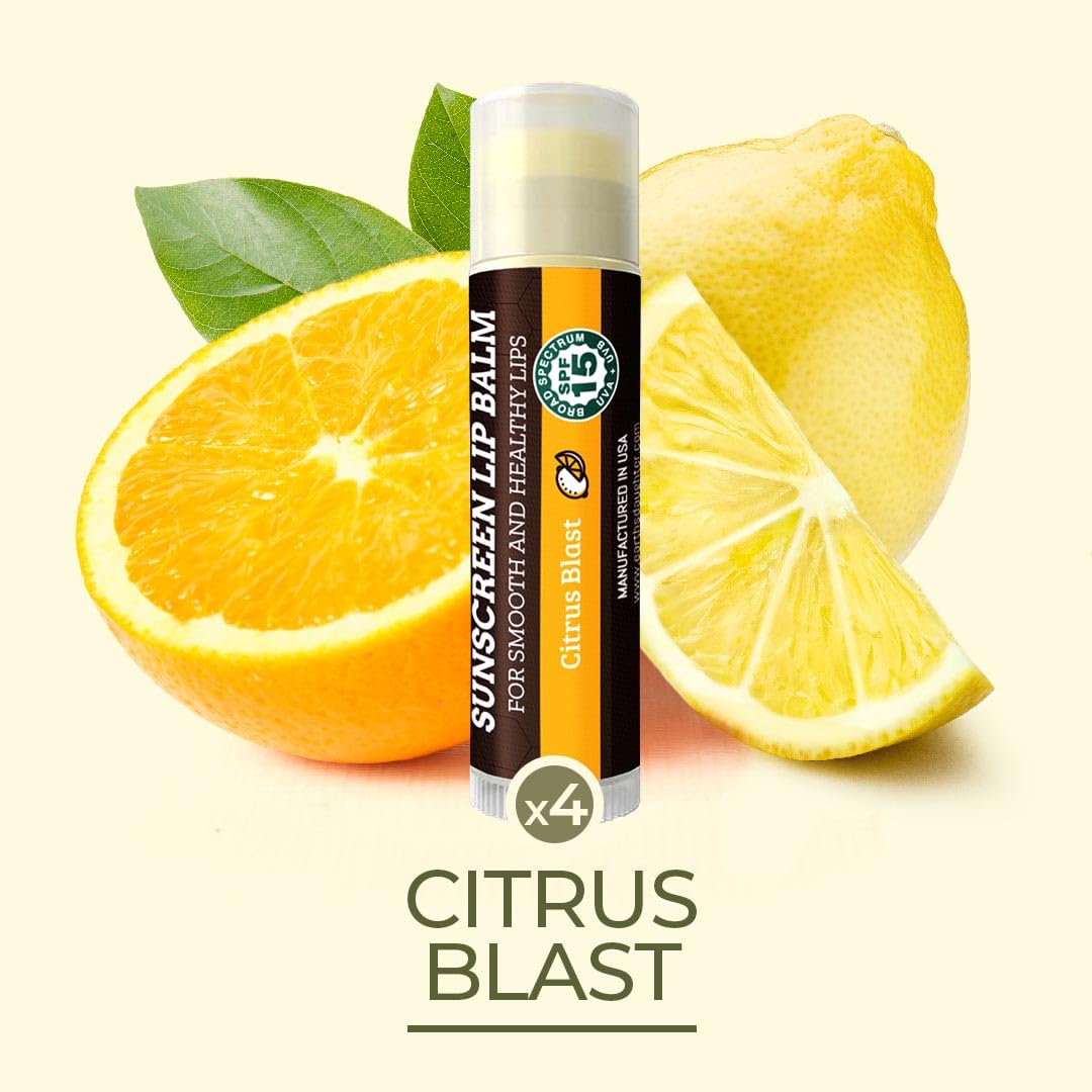 Earth's Daughter SPF Lip Balm 4-Pack Citrus Flavor - Lip Sunscreen, SPF 15, Organic Ingredients, Beeswax, Coconut Oil, Vitamin E - Hypoallergenic, Paraben Free, Gluten Free