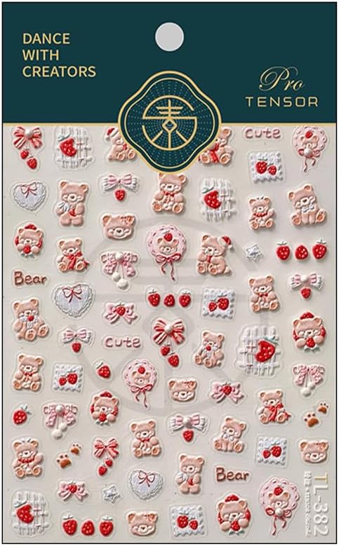 Cute Nail Stickers Bear Nail Art Decals Strawberry with Design Nails Art Stickers 5D Embossed Charms Self Adhesive Nails Decals for Women Girls Kid Manicure DIY Decoration Accessories