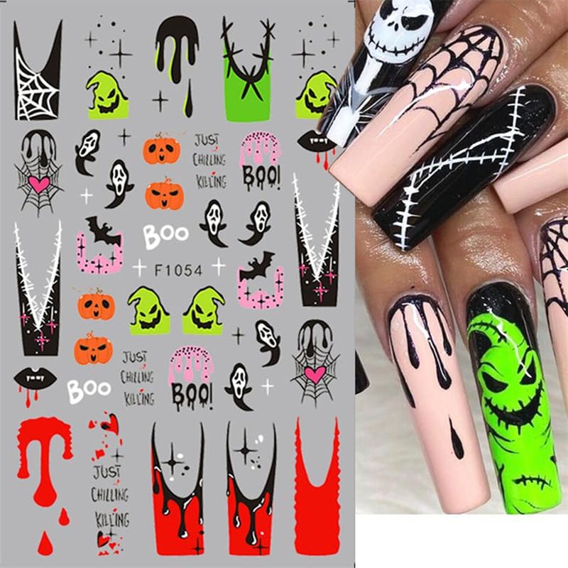 8 Sheets Halloween Nail Stickers Decals Horror Halloween Self Adhesive Nail Design Stickers Ghost Skull Black Cat Spider Web Nail Art Stickers for Women Girls DIY Manicure Nail Decoration