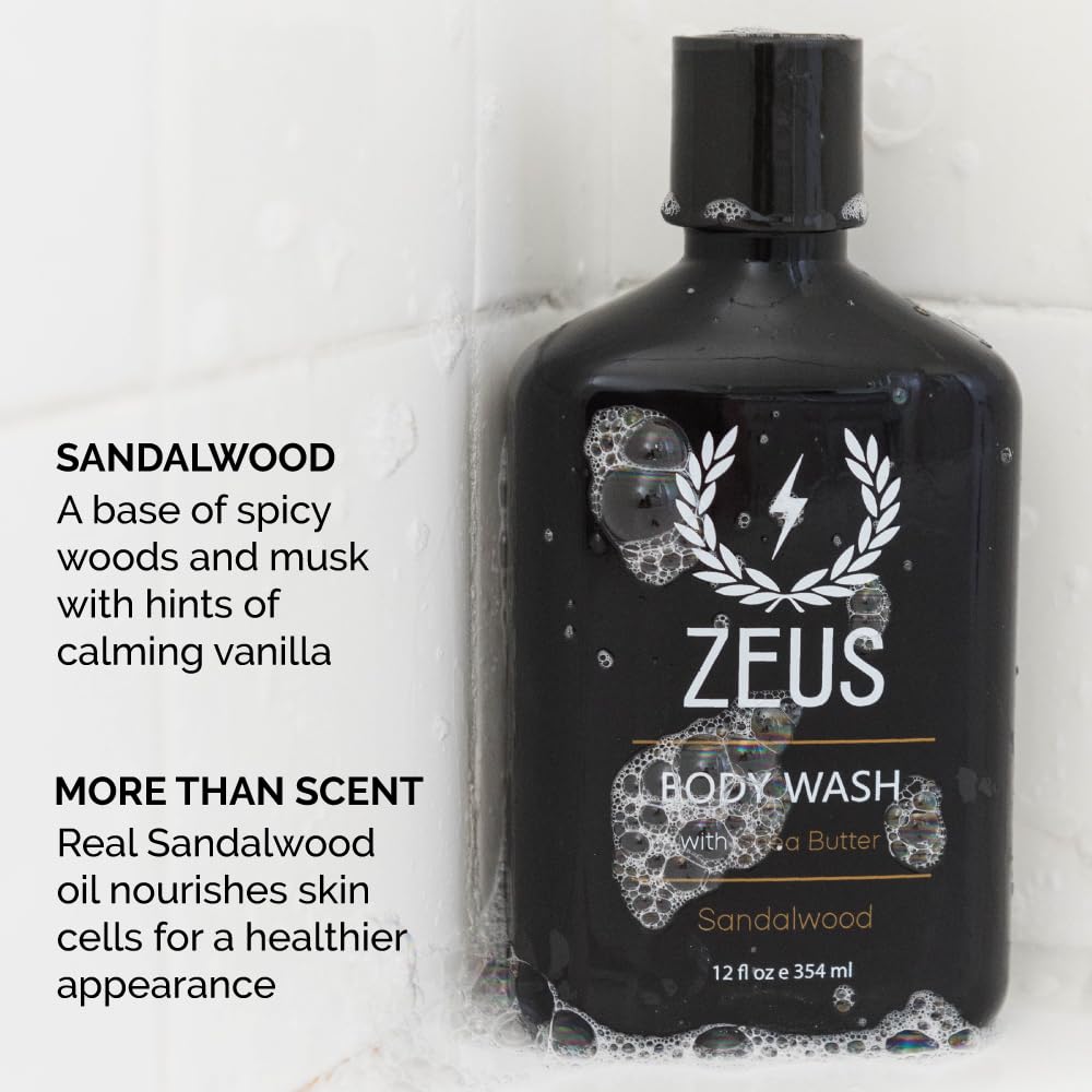 ZEUS Men's Natural Body Wash, Hydrating Shower Gel with Sandalwood Oil, Aloe Vera, Shea Butter & Invigorating Essential Oils for Skin Revitalization (Made in USA) 12 oz.