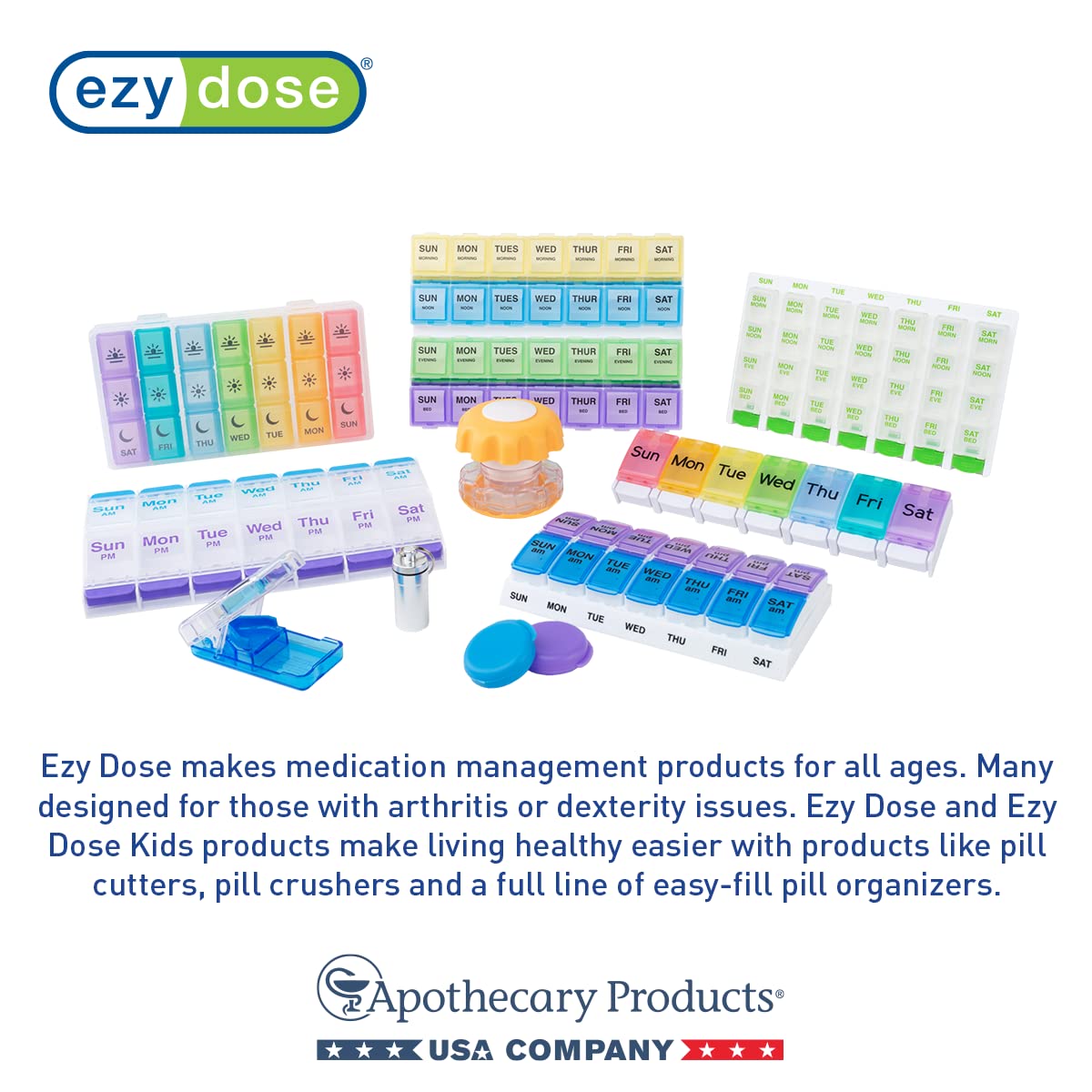 EZY DOSE Weekly AM/PM Pill Organizer, 7-Day Vitamin and Medication Box with Large Pop-Out Compartments, 2 Times a Day Pill Holder for Easy Dosing, Yellow and Blue Lids, Travel-Friendly Design