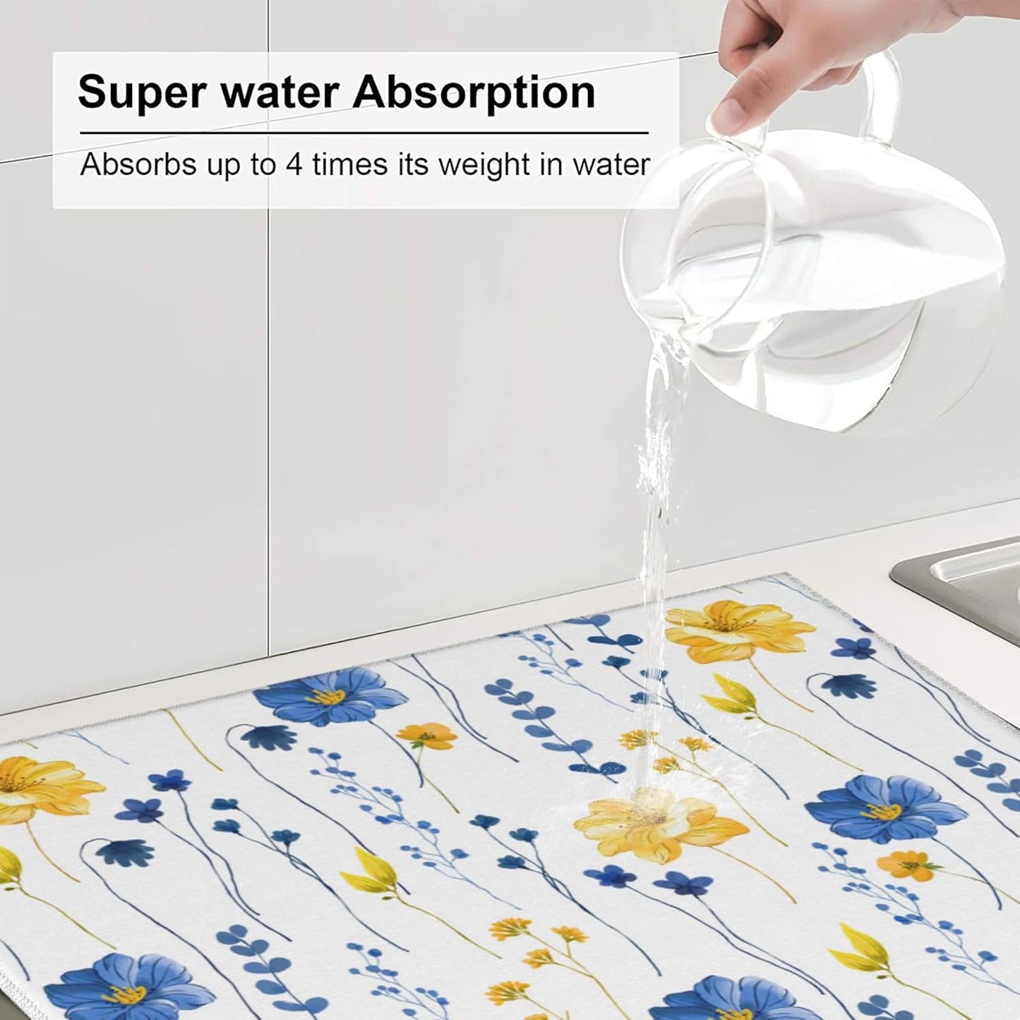 Navy Blue Yellow Flower Dish Drying Mat for Kitchen Counter Watercolor Floral Decorative Dish Drainer Rack Mats 16"x18" Absorbent Reversible Drying Pad