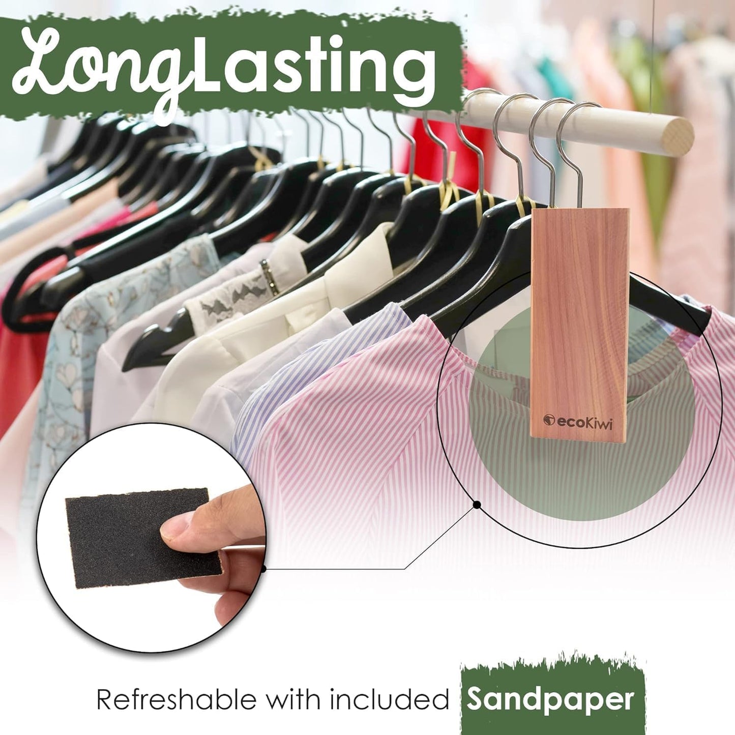 ecoKiwi Cedar Blocks for Clothes Storage - 10 Pack Hang Ups - 100% Natural Aromatic Cedar Planks for Closets and Drawers - Cedar Wood Hangers Balls Chips with Sandpaper - Cedarwood Scented Freshener