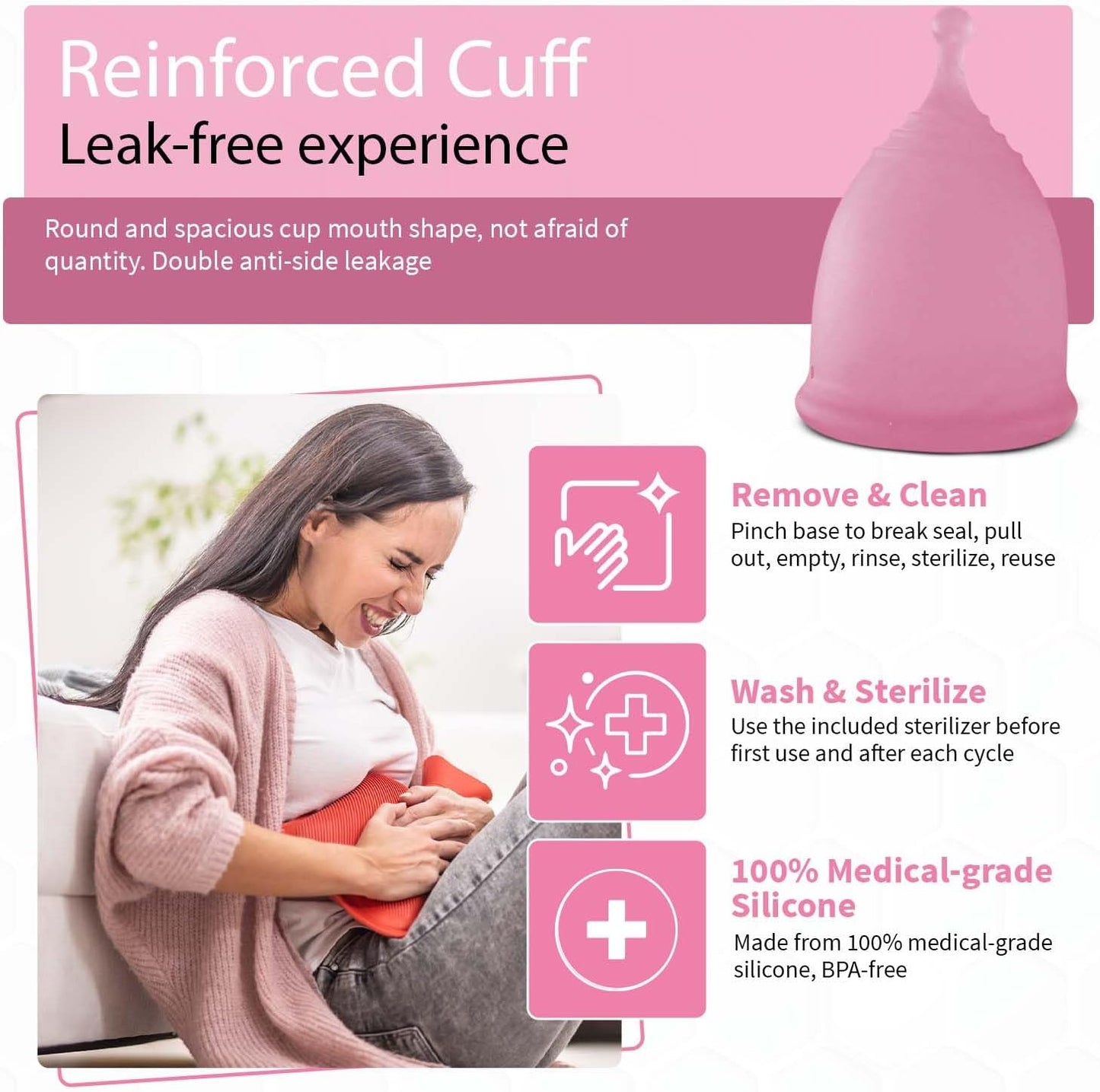 Angel's Peel Lounge Menstrual Cup for Women - 100% Medical-Grade Leak-Free Soft & Flexible Silicone Cup - 12 Hour Leak Protection Eco-Friendly & Reusable Period Cups for Women - Pink - Large