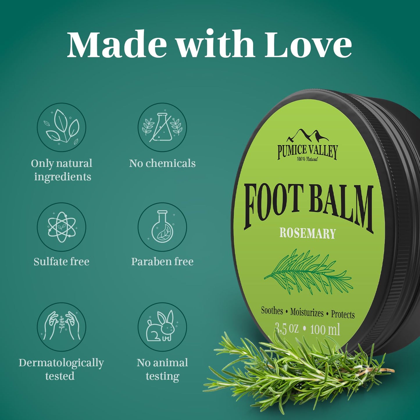 Pumice Valley Foot Balm Cream for Dry Cracked Heels and Feet - Natural Foot Moisturizer Balm for Calluses and Dry Feet Treatment - Rosemary Foot Lotion 3.5 Oz