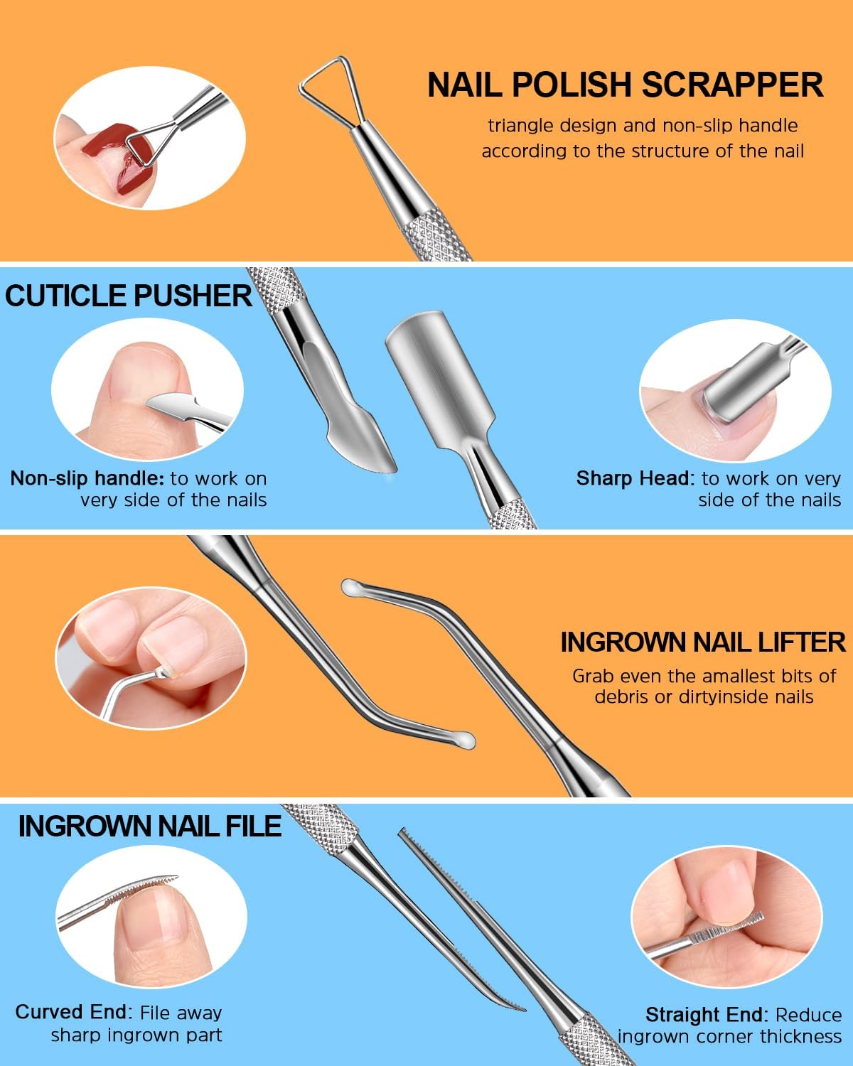 MORGLES Cuticle Remover Tools, Nail Files and Buffers Set with 1 Orange Cuticle Oil, Trimmer and Pusher, Nail Care Kit for Women