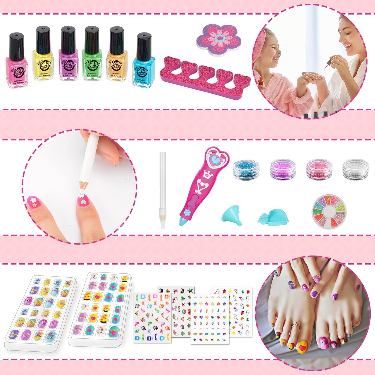 BATTOP Kids Nail Polish Set for Girls, Nail Art Kits with Nail Dryer & Glitter Pen, Quick Dry & Peel Off & Non-Toxic Nail Polish, Christmas Birthday Gifts for Girls Ages 6 7 8 9 10 11 12