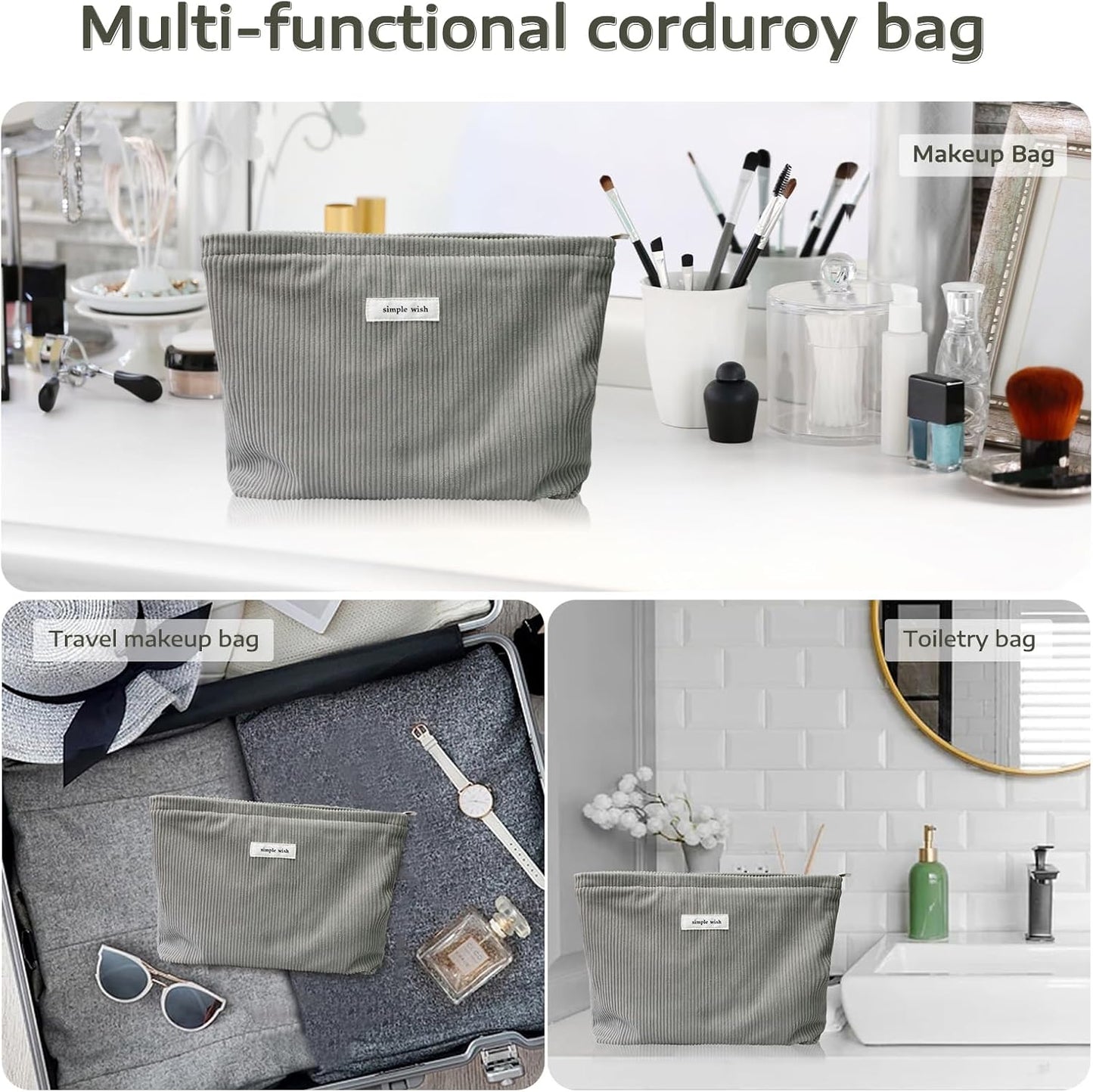 Wudygirl Cosmetic Bags for Women Travel Makeup Bag Large Capacity Makeup Pouch Cute Makeup Bag Organizer Handbags Purses Zipper Pouch Corduroy (Dark Gray)