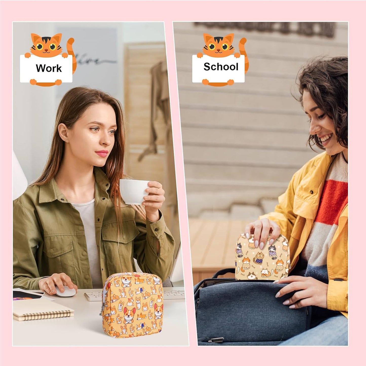 Period Bag Pouch, Canvas Sanitary Napkin Storage Bag for Girls Womens, Portable Sanitary Napkin Period Pad Pouch for Purse, Small Make Up Bags(Blue Cat N0461)