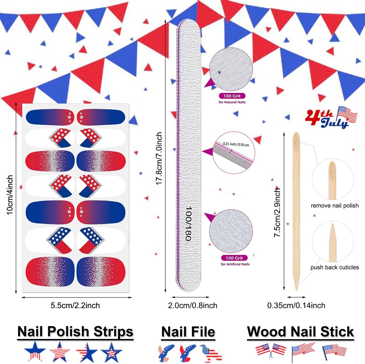 DANNEASY 16 Sheets Independence Day Nail Wraps 4th of July Nail Polish Stickers Self Adhesive Nail Polish Strips Gel Fingernail Sticker Nails for Women with Nail File, Cuticle Stick