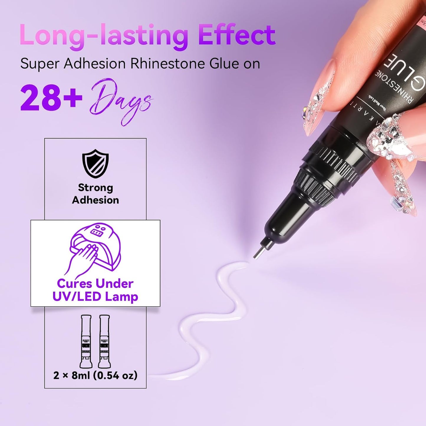 Makartt Nail Rhinestone Glue Gel, Upgrade Gel Nail Glue with Brush Pen Tip Super Strong Adhesive Precise for Nail Charms Crystals Rhinestone Beads Flower 3D Decorations 8ml*2