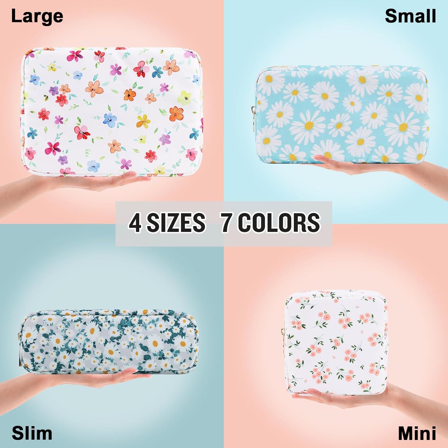 Nylon Small Floral Makeup Bag Slim Pouch, Preppy Cute Makeup Brush Case Bag Cosmetic Zipper Pouch for Purse, Waterproof Travel Toiletry Bag Coin Pouch Make Up Organizer for Women Girls(White-Flower)
