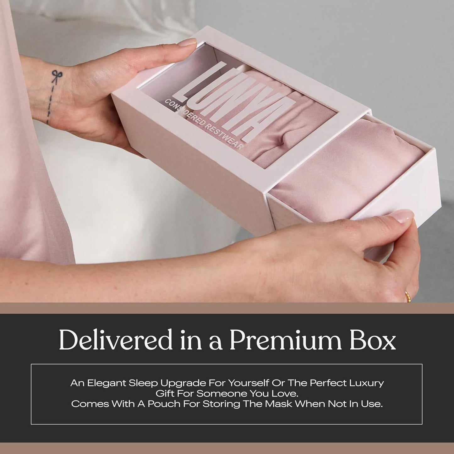 Lunya Washable Silk Sleeping Mask – Thermoregulating Mulberry Silk, Light Blocking and Comfortable Fit – Sleep Mask for Women and Men with Box – Delicate Pink – Small