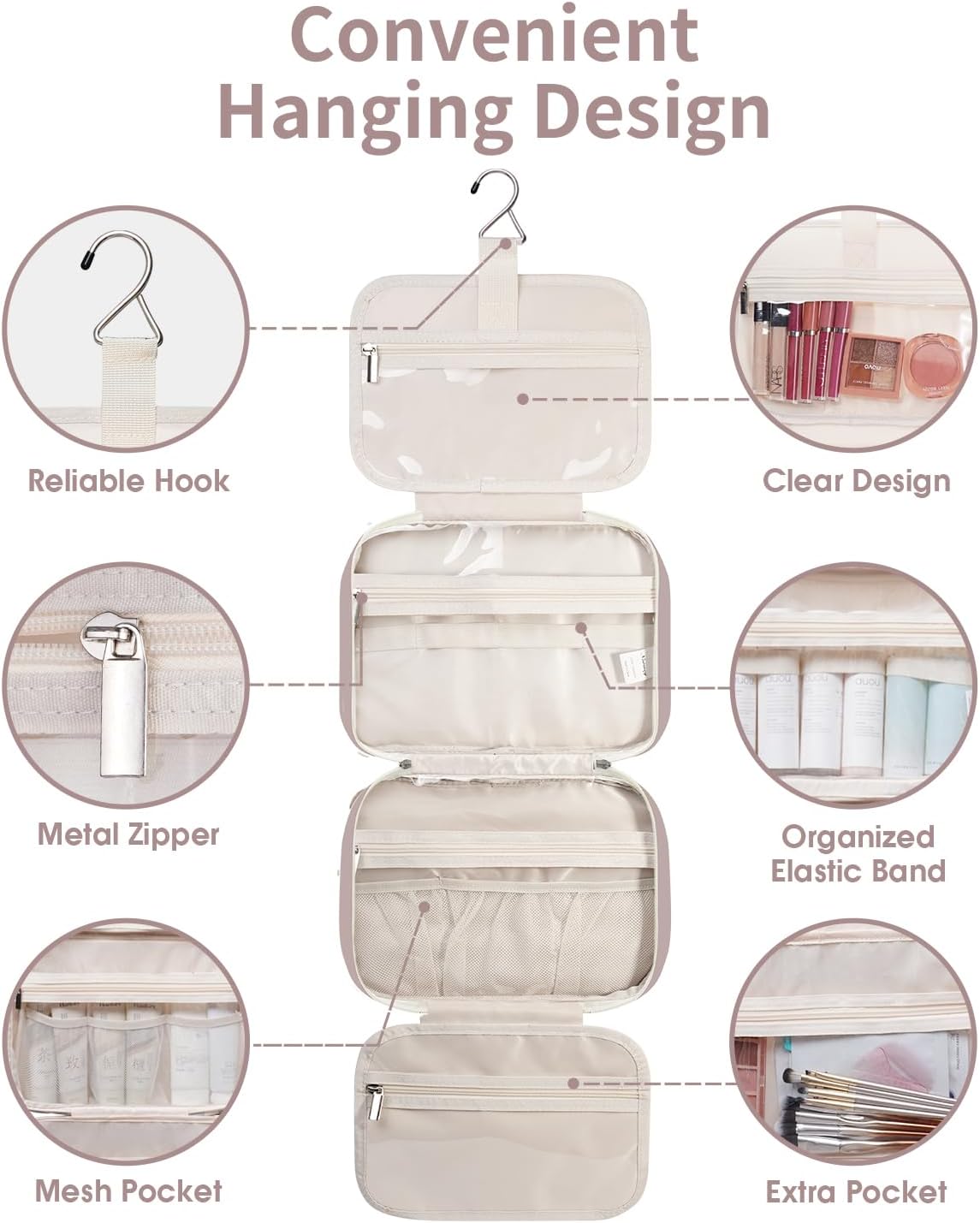 Travel Toiletry Bag for Women Large Hanging Makeup Bag Organizer Toiletries Bag for Full Size Essentials Accessories Cosmetics (Dusty Rose (Large))