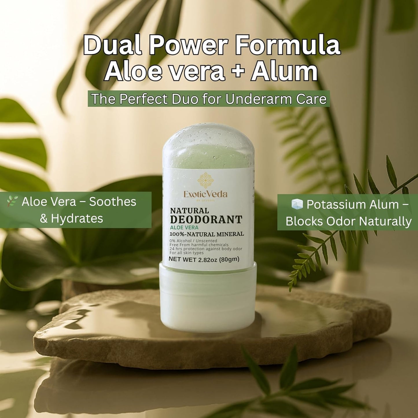 Alum Aloe Vera Deodorant Stick | 100% Natural Mineral Salt Roll-On | Alcohol & Chemical-Free | 24-Hour Odor Protection | Gentle on Sensitive Skin | Travel-Friendly, 80g (2.82 oz)