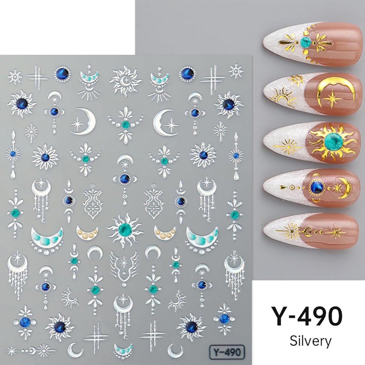 5D Nail Stickers for Nail Art Sun Moon Nail Decals Shiny Bohemian Style Nail Art Supplies Luxury Silver Gold Flower Star Moon Sun Nail Adhesive Stickers Fall DIY Manicure Supplies for Women 4PCS