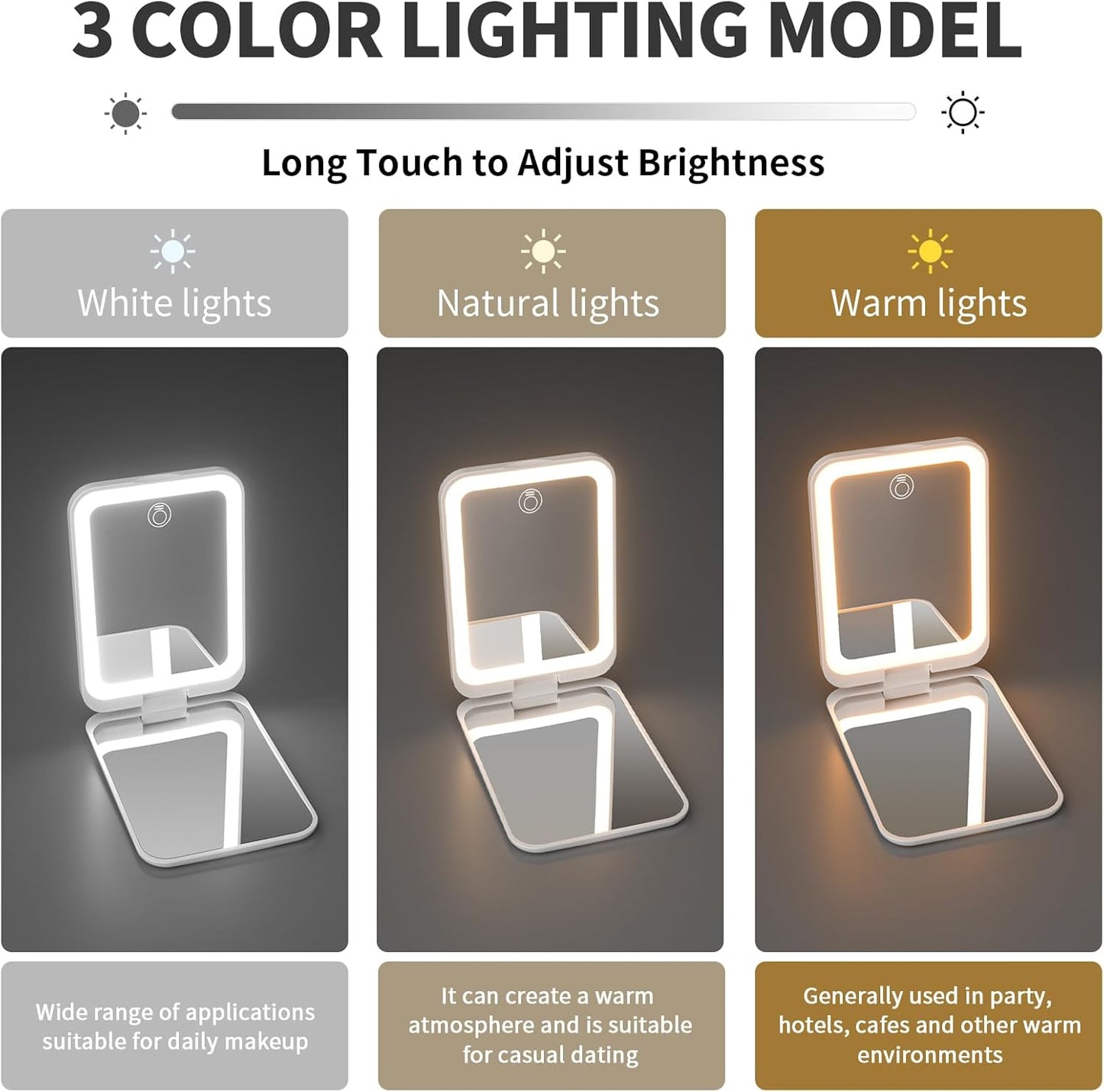 Kintion 2025 Pocket Mirror, Rechargeable Dimmable 3 Color Lighting 1X/3X LED Compact Travel Makeup Mirror for Purse, Portable, Folding, Handheld, Small Lighted Mirror for Women Gift, White