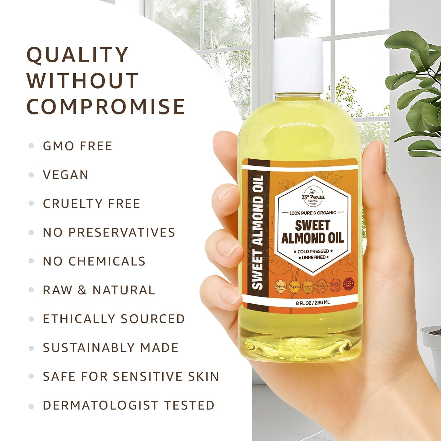 ORGANIC SWEET ALMOND OIL (32 oz) Premium Cold Pressed Unrefined | 100% Pure Sweet Almond Oil for Skin, Face, Hair, Soap Making | Carrier for Essential Oils | Available in Bulk | 32 FL OZ