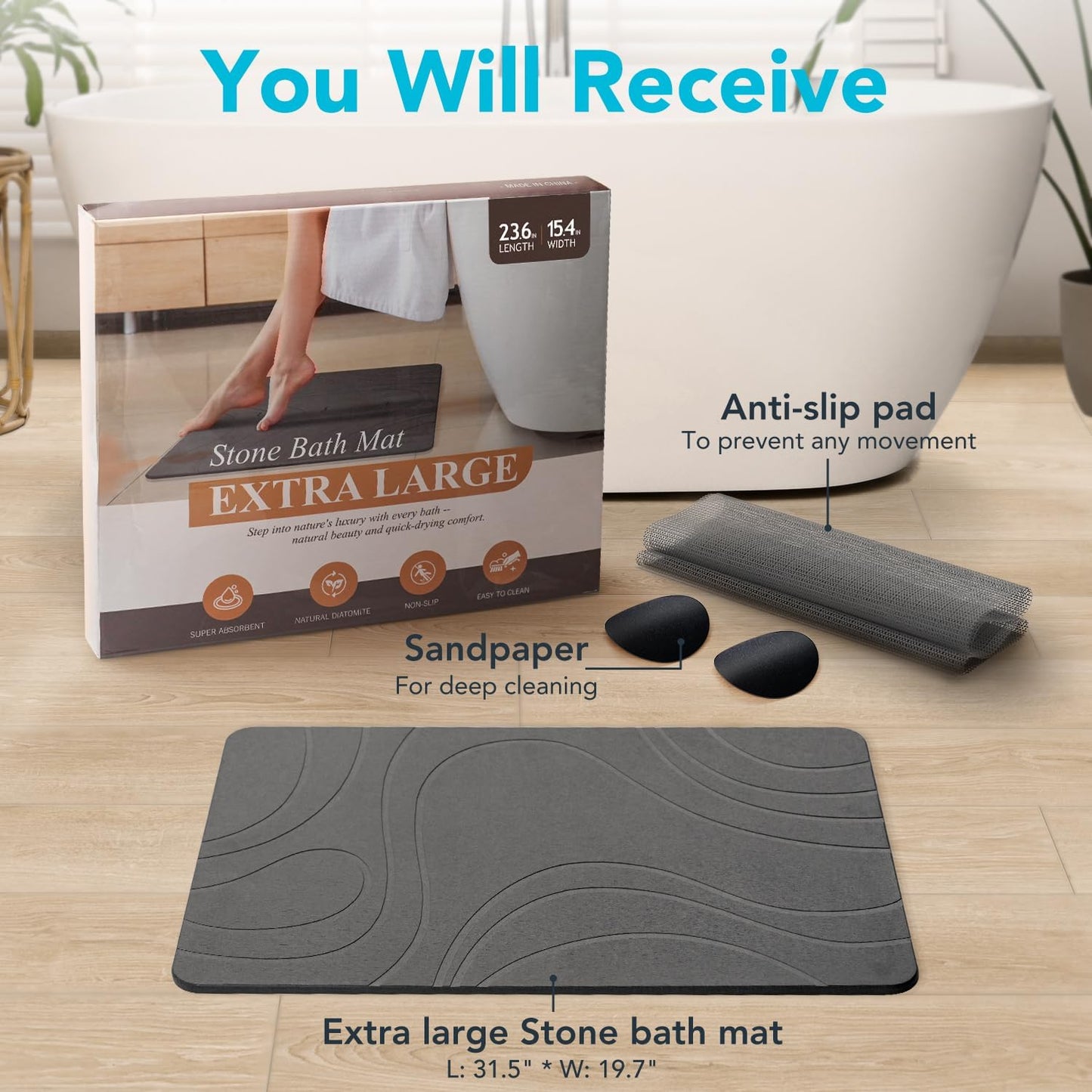 Quick Dry Stone Bath Mat for Bathroom Non Slip Diatomaceous Earth Shower Bath Mat, Magic Super Absorbent Diatomite Stone Water Absorbing Bathmat Bathroom Shower Floor Mat Grey