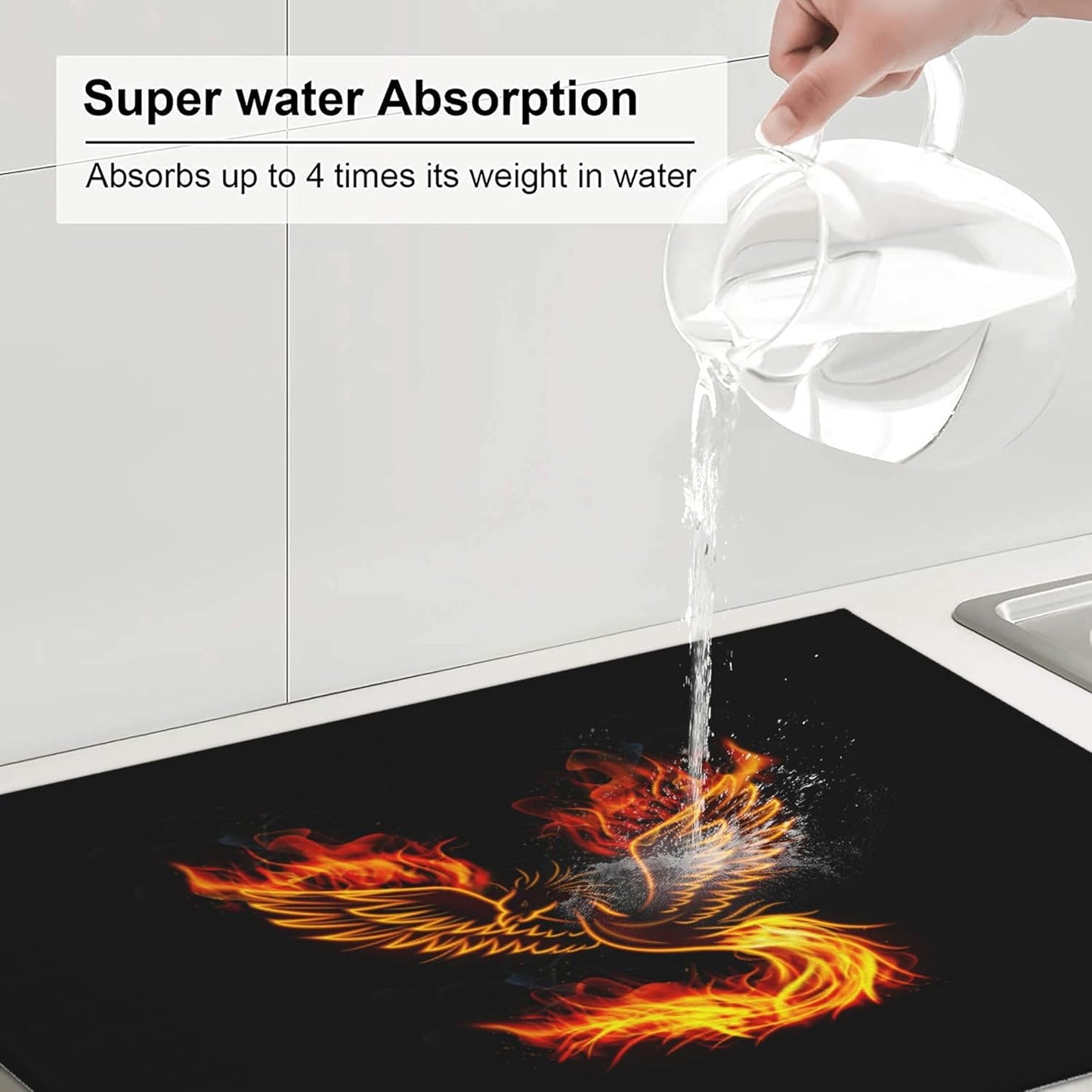 Funny Dish Drying Mat for Kitchen Counter Absorbent Reversible Fire Phoenix Drying Pad Dark Kitchen Decor Black Dish Drainer Rack Mats 18"x24"