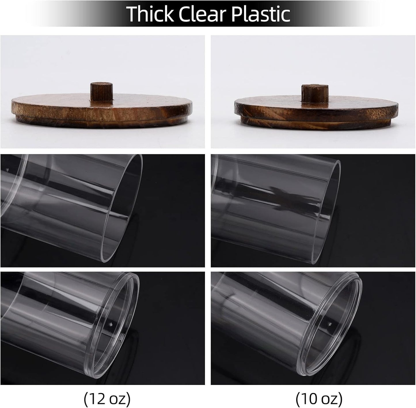 Tbestmax 4 Pack Qtip Holder Dispenser Cotton Ball, Cotton Swab, Floss - 12oz, 10 oz Clear Plastic Apothecary Jars for Bathroom Organizer and Storage Containers (Brown Wood Lids)