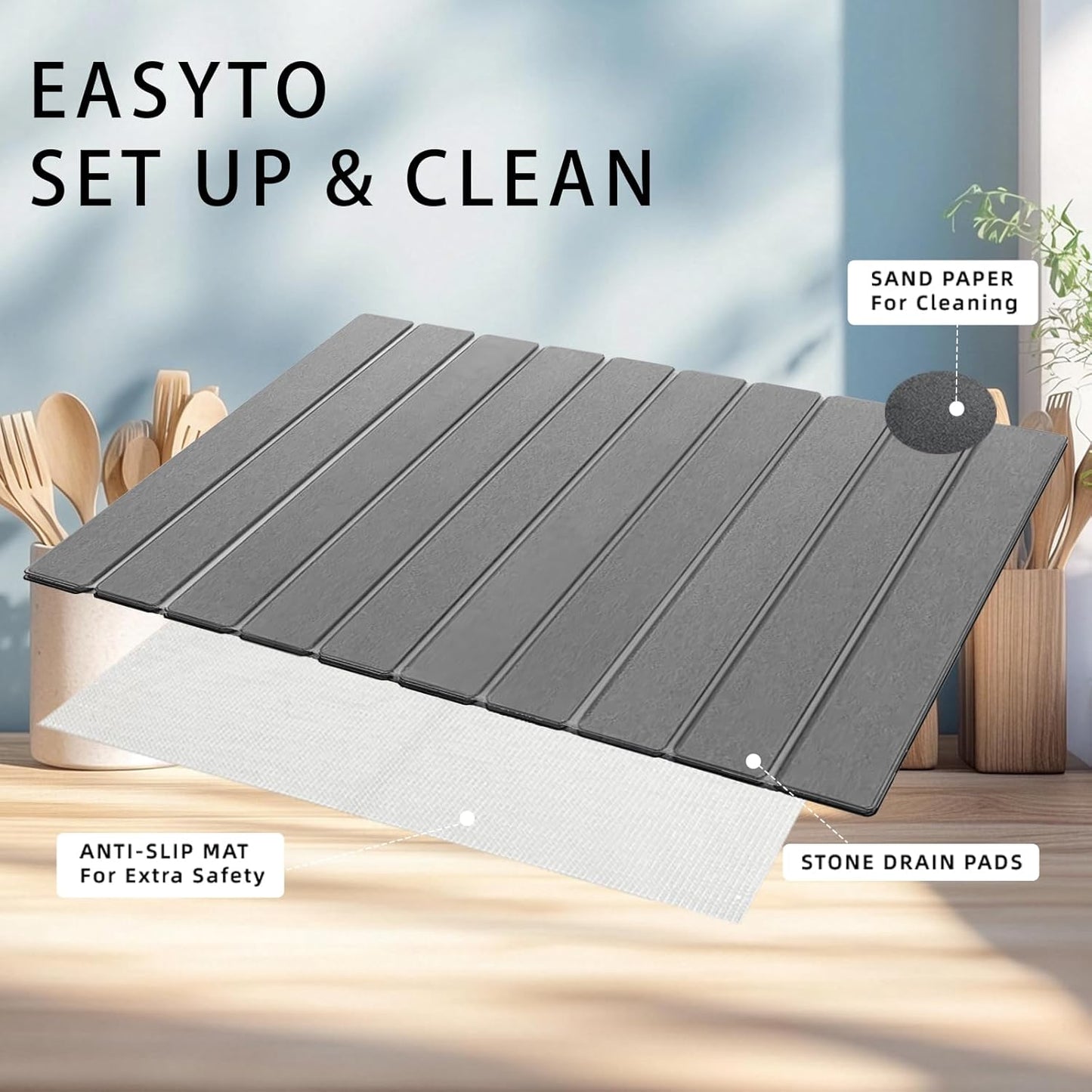 Stone Drying Mat for Kitchen Counter, Collapsible Dish Drying Mat, Fast Drying Diatomaceous Earth Dish Drying Mats, Water Absorbent Diatomite Kitchen Mat